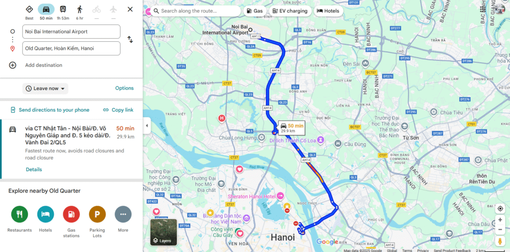 Distance from Noi Bai Airport to Old Quarter